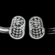 Load image into Gallery viewer, 25mm Weed Leaf Quartz Banger | Dual Bucket Bangers Over Black Background | Dabbing Wholesaler